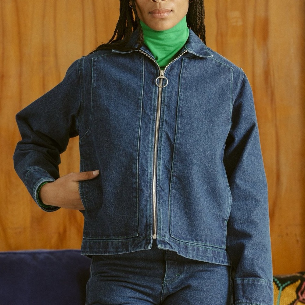 Carleen Short Zip Jacket
Western Denim with Green Stitching
BNWT